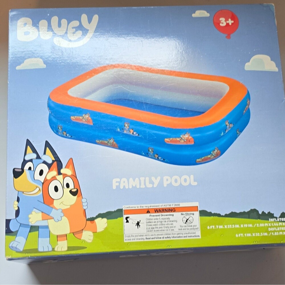 Bluey Family Pool 7.7ft x 4ft Rectangle Inflatable 119 Gal Blue/Orange Drain